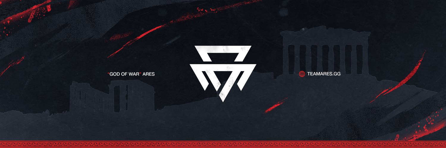 Team Ares December 2021 X header — white Ares mark over a dark textured Parthenon skyline with red streaks, 'God of War' Ares and teamares.gg