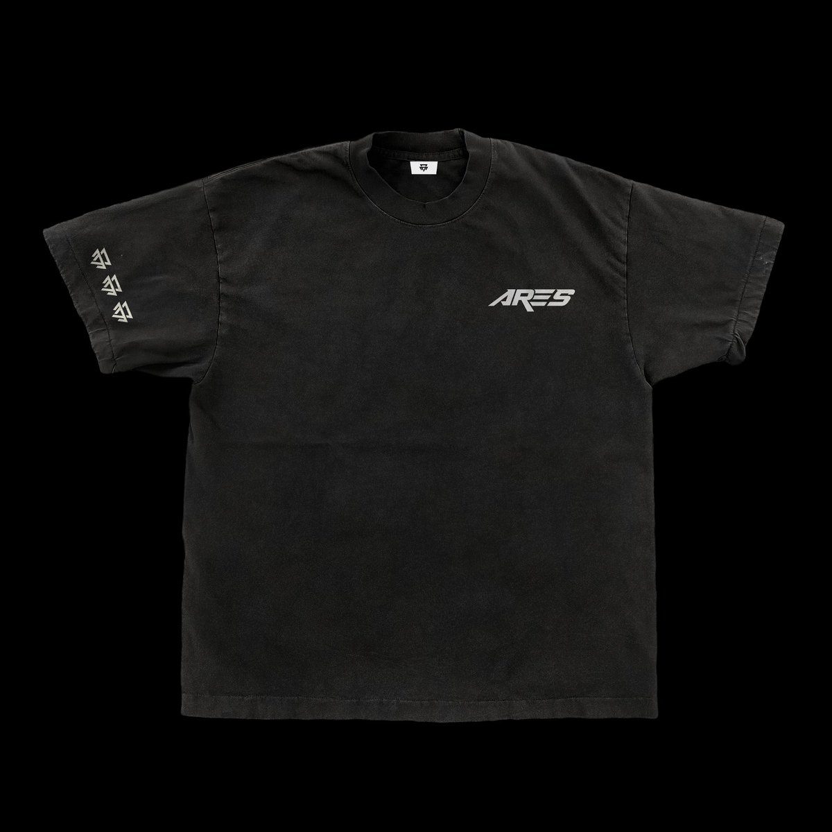 2023 Team Ares tee, front — vintage-washed black with the ARES wordmark on the chest and three Ares marks down the sleeve