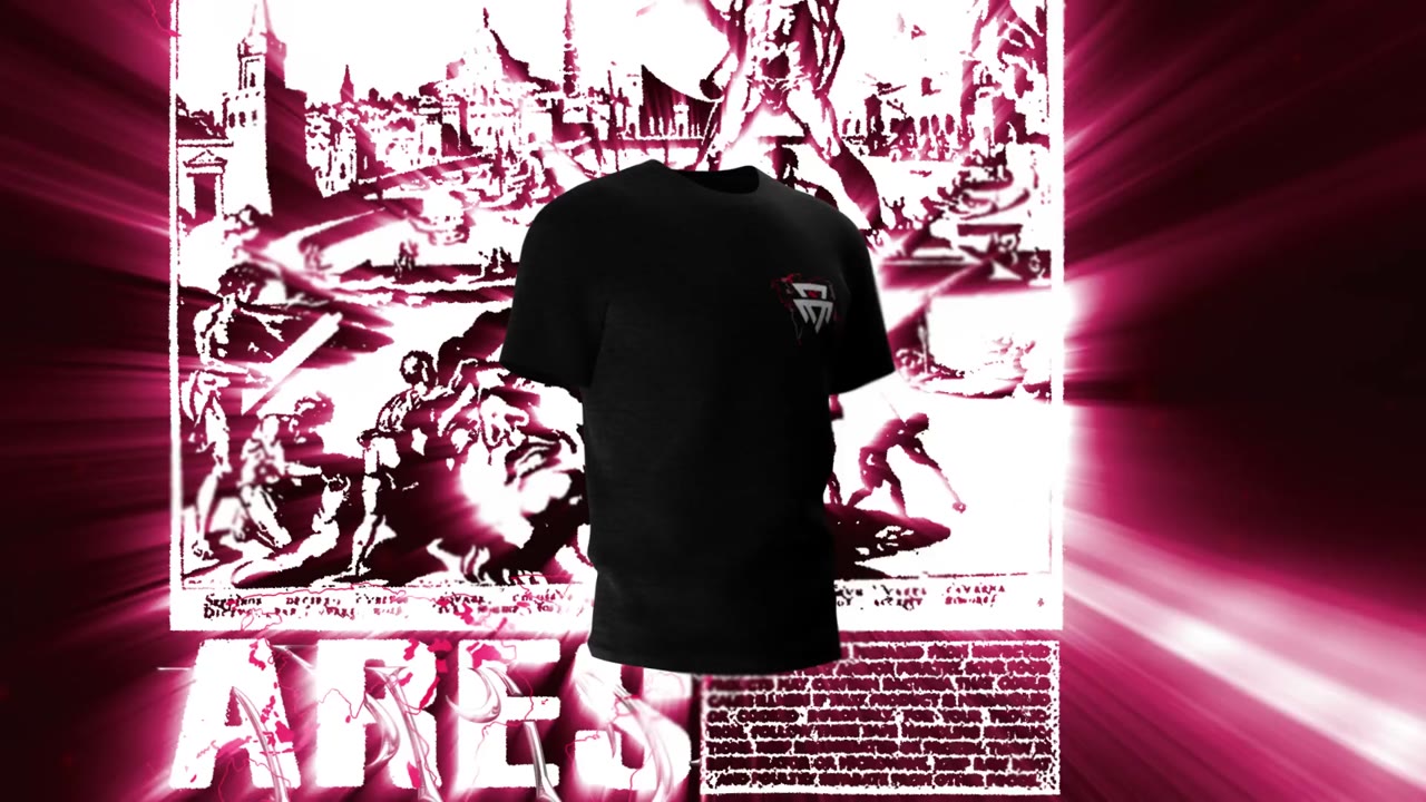 Art of War collection teaser — poster frame, the chest-logo tee between two red bars
