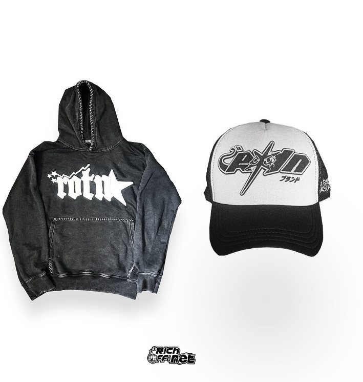 ROTN sewn hoodie and trucker hat — drop 001