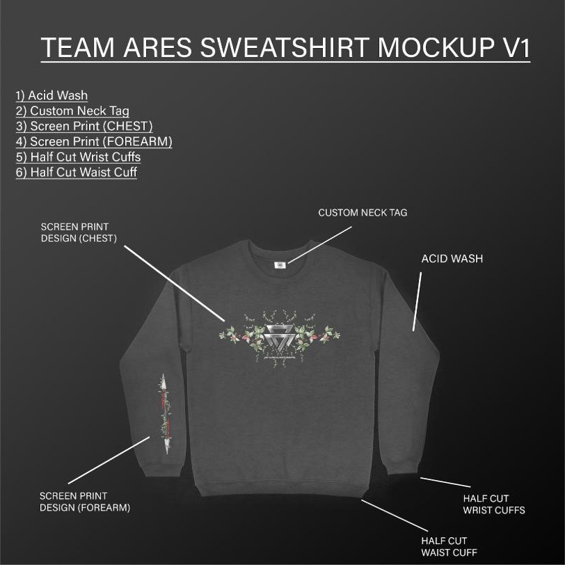 Team Ares sweatshirt mockup v1 spec sheet